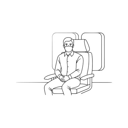 man wearing a face mask sits on a train continuous line art flat vector illustration on white backgroundのイラスト素材