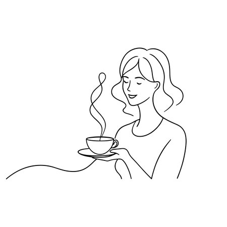 A cartoon woman joyfully holding a steaming cup of coffee continuous line art flat vector illustration on white backgroundのイラスト素材