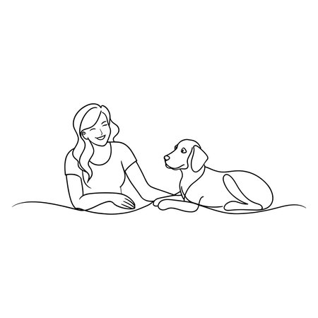 A woman and her dog are comfortably lying on the floor continuous line art flat vector illustration on white backgroundのイラスト素材