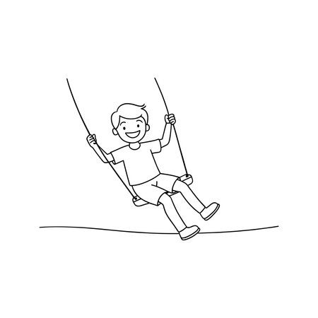 cartoon image of a boy joyfully swinging on a swing continuous line art flat vector illustration on white backgroundのイラスト素材