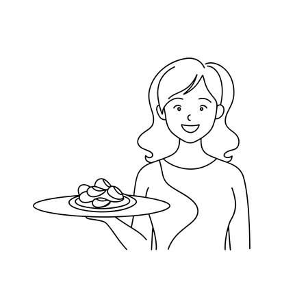 woman with tray of food icon over white background, line style, vector illustrationのイラスト素材