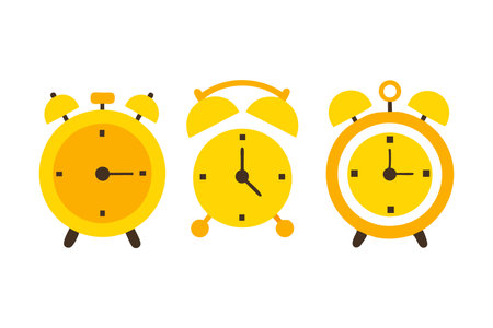 Yellow alarm clock set isolated flat vector illustration on white backgroundのイラスト素材