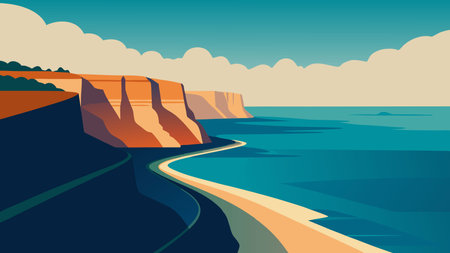view of the Great Ocean Road in Australia, showcasing stunning coastal cliffs and the vast ocean beyond flat vector illustrationのイラスト素材