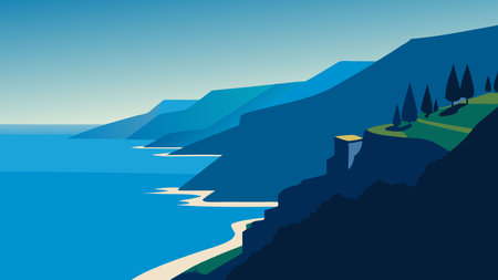 Breathtaking Italian coast, showcasing azure waves crashing against dramatic cliffs and lush greenery flat vector illustrationのイラスト素材