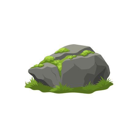 Old Ancient Boulder Stone with Moss isolated flat vector illustration on white backgroundのイラスト素材