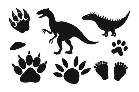 Dinosaur paw. Monster lizard footprint, dino black silhouette footstep set flat vector illustration on white backgroundのイラスト素材