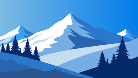 Snow covered trees atop a mountain, creating a serene winter landscape under a clear blue sky flat vector illustrationのイラスト素材