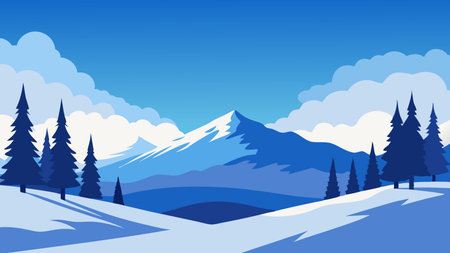 snowy landscape featuring trees blanketed in snow under a cloudy sky flat vector illustrationのイラスト素材
