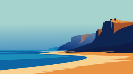 sandy beach with a majestic cliff rising on the horizon under a clear blue sky flat vector illustrationのイラスト素材