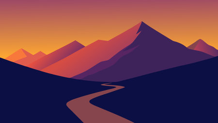 stunning sunset casts vibrant colors over mountains, with a winding path inviting exploration to the summit flat vector illustrationのイラスト素材