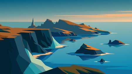 Aerial view of a rugged island coastline, showcasing rocky formations and the interplay of land and sea flat vector illustrationのイラスト素材