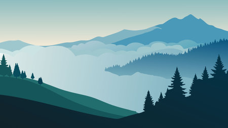 Hillside adorned with trees, shrouded in a gentle fog that envelops the distant landscape flat vector illustrationのイラスト素材