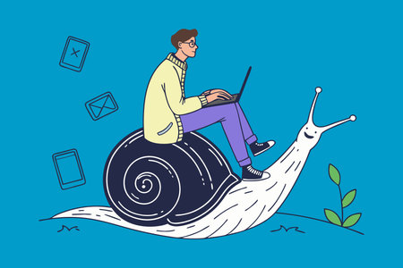 Young man sits on a giant snail, working on a laptop with technology in a whimsical scene hand drawn flat Vector illustrationのイラスト素材