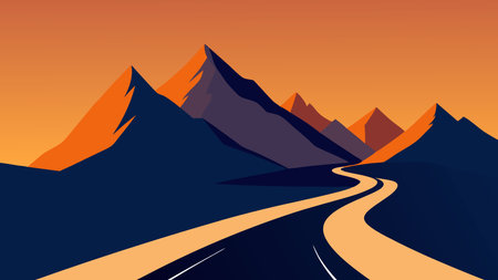 mountain road winding through rugged terrain, with majestic peaks rising in the background flat vector illustrationのイラスト素材