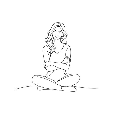 young woman sits on the floor with her arms crossed, displaying a thoughtful expression and a relaxed posture doodle line art flat vector illustrationのイラスト素材