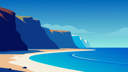 beach featuring clear blue water with majestic cliffs rising in the background flat vector illustrationのイラスト素材
