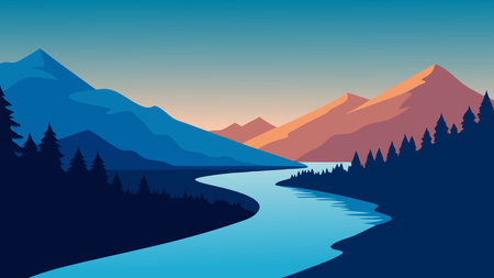 Snowy landscape with trees silhouetted against a vibrant sunset flat vector illustration natural backgroundのイラスト素材