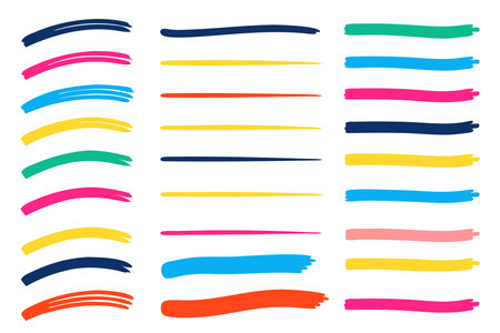 Lively and colorful brush strokes set, forming an expressive and visually engaging abstract artwork flat vector illustrationのイラスト素材