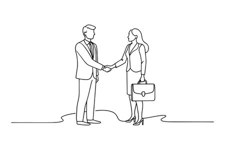 Businesswoman shaking hands with new business partner Continuous line art flat vector illustrationのイラスト素材