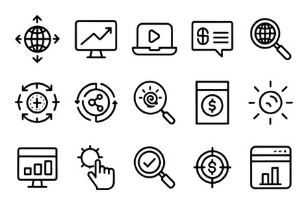 Search engine optimization, target, keywording, related editable stroke outline icon set isolated flat vector illustration white backgroundのイラスト素材