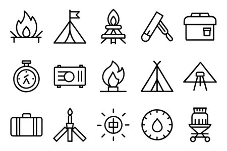 Tent, compasses, campfire, related editable stroke outline icon set isolated flat vector illustration white backgroundのイラスト素材