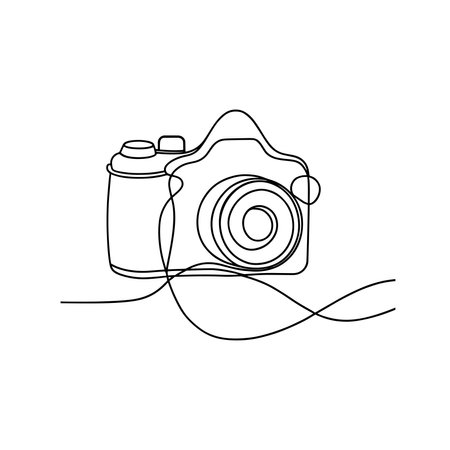 Camera design Continuous line art flat vector illustration on white backgroundのイラスト素材