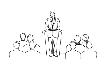 A man stands at a podium, presenting to an engaged audience of diverse individuals seated in a conference room Continuous line draw Full length single line animationのイラスト素材