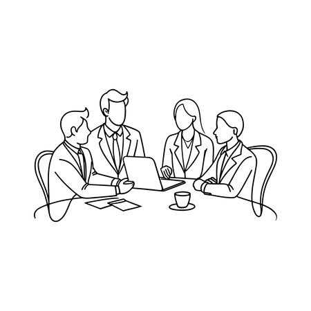 Group of business people having discussion Continuous line art flat vector illustration on white backgroundのイラスト素材