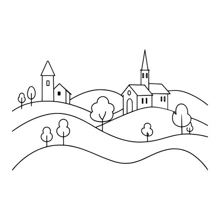 Landscape with village on hill Continuous line art flat vector illustration on white backgroundのイラスト素材