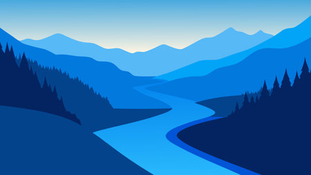 Serene blue river flowing through the picturesque landscape of Croatia flat vector illustration natural backgroundのイラスト素材