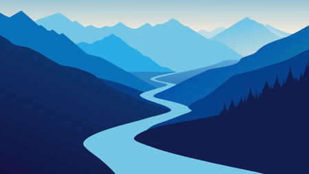 Tranquil river winding through towering mountains, highlighting the harmony of natureのイラスト素材