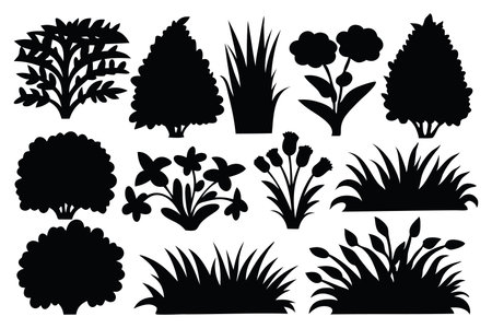 Bush grass shrub silhouettes set isolated flat vector illustration on white backgroundのイラスト素材