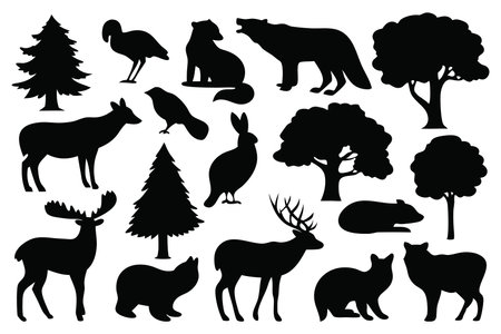 Forest or wild silhouettes set isolated flat vector illustration on white backgroundのイラスト素材