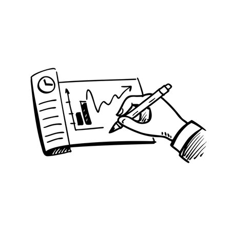 Hand holding a pen drawing a rising candlestick financial chart, Doodle line art flat vector illustration on white backgroundのイラスト素材