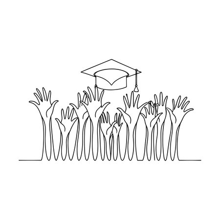 Graduation cap with many hands raised in celebration Continuous line draw Full length single line animationのイラスト素材