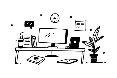 Modern office interior Hand drawn Doodle line art flat vector illustration on white backgroundのイラスト素材