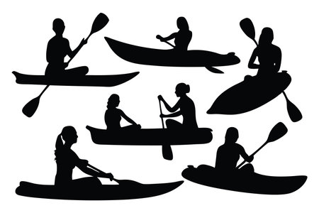 Woman kayaking silhouettes set isolated flat vector illustration on white backgroundのイラスト素材
