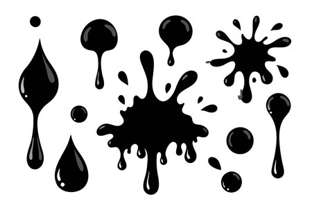 Black oil splashes isolated flat vector illustration on white backgroundのイラスト素材