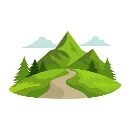 Mountain hiking trail through lush greenery and rocky terrain isolated flat vector illustration on white backgroundのイラスト素材