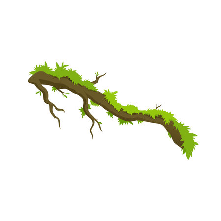 Moss covered tree branch isolated flat vector illustration on white backgroundのイラスト素材