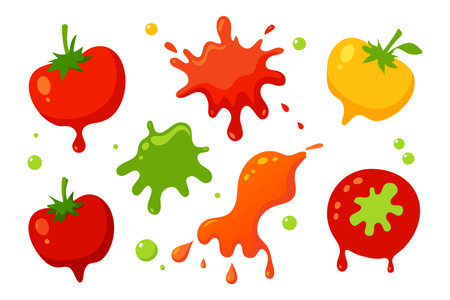 Tomato ketchup splatters isolated flat vector illustration on white backgroundのイラスト素材