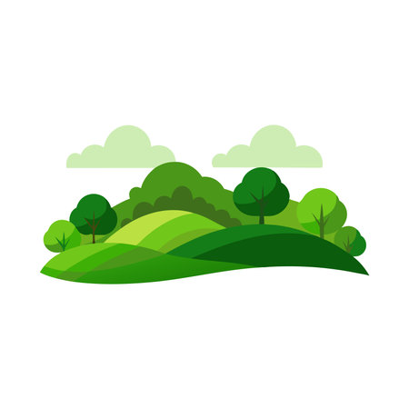 Rolling green hills adorned with lush trees isolated flat vector illustration on white backgroundのイラスト素材