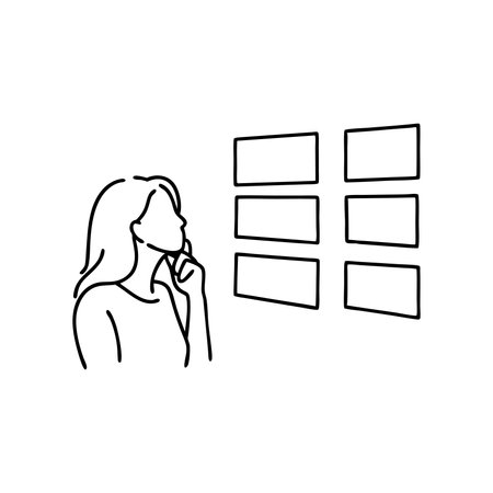 A thoughtful woman reflects on her ideas as she gazes at a wall, lost in contemplation continuous line artのイラスト素材