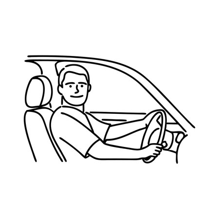 Man drives a car while looking directly at the camera, showcasing a confident expression continuous line artのイラスト素材