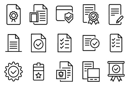 Papers, folder, certificate, accept, approved related editable stroke outline icon set flat vector illustrationのイラスト素材