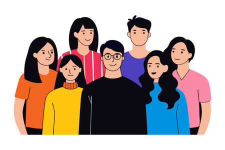 Group of individuals poses together in front of a vibrant unity and creativity Hand drawn black doodle line art flat vector illustration on white backgroundのイラスト素材
