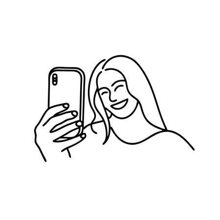 Woman smiles while holding a smartphone, showcasing a moment of joy and connection continuous line artのイラスト素材