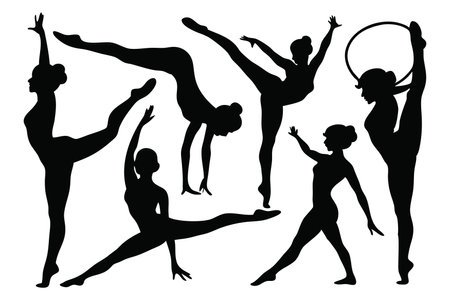 Gymnastics girl sport silhouettes set isolated flat vector illustration on white backgroundのイラスト素材