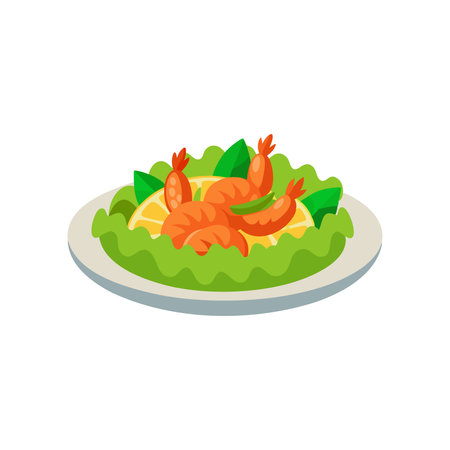 Beautifully arranged plate displaying shrimp atop crisp lettuce, highlighting a fresh and colorful seafood dish isolated flat vector illustration on white backgroundのイラスト素材