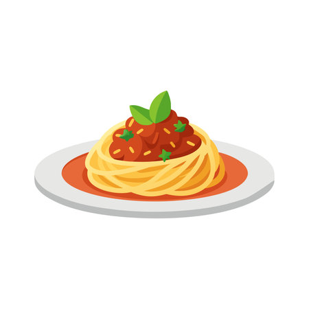A plate of spaghetti topped with savory meat and fresh herbs isolated flat vector illustration on white backgroundのイラスト素材
